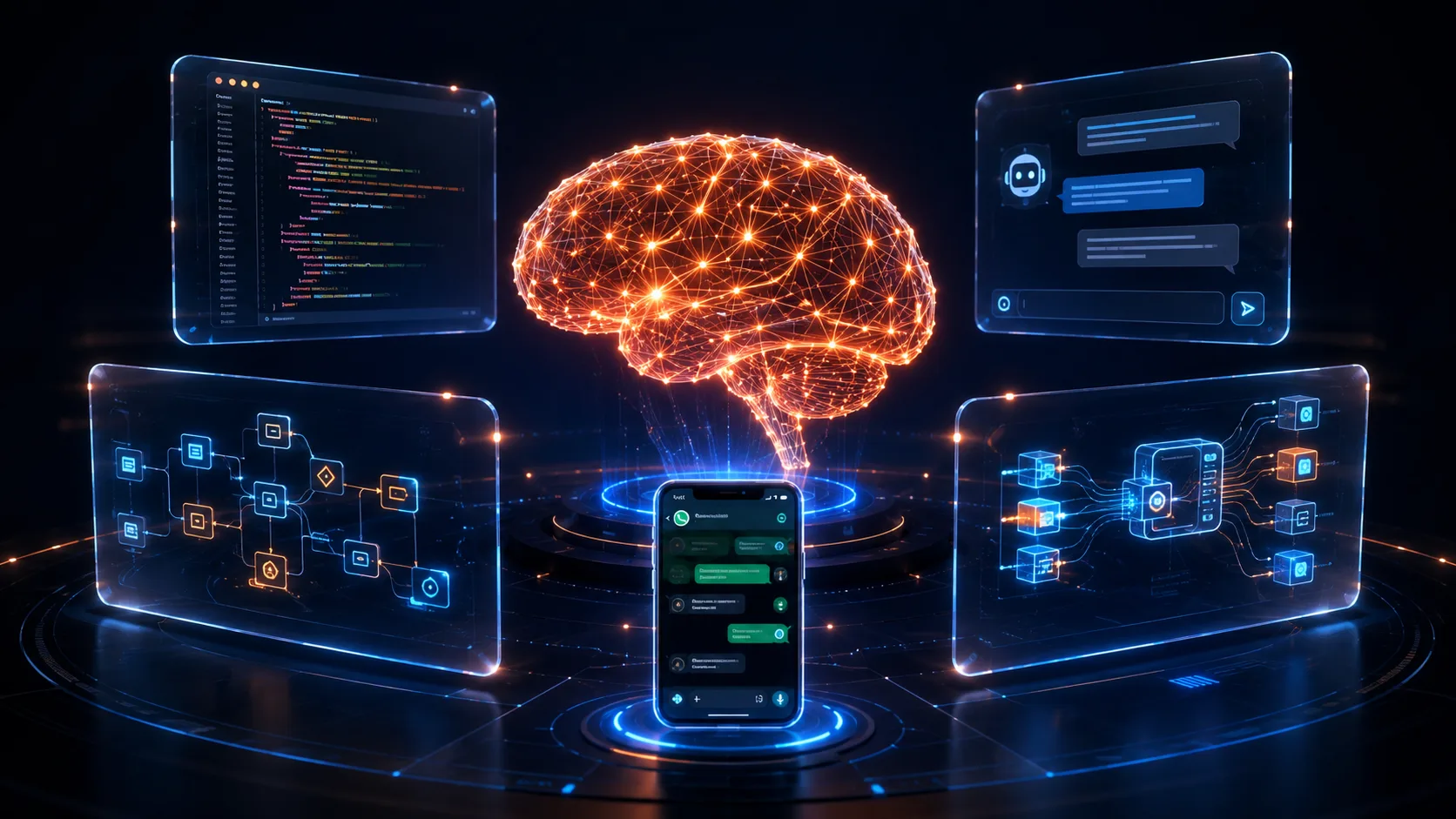 Ilustración futurista de un cerebro neuronal naranja conectado a pantallas holográficas con código Python, interfaz de chat, diagramas de workflow y APIs