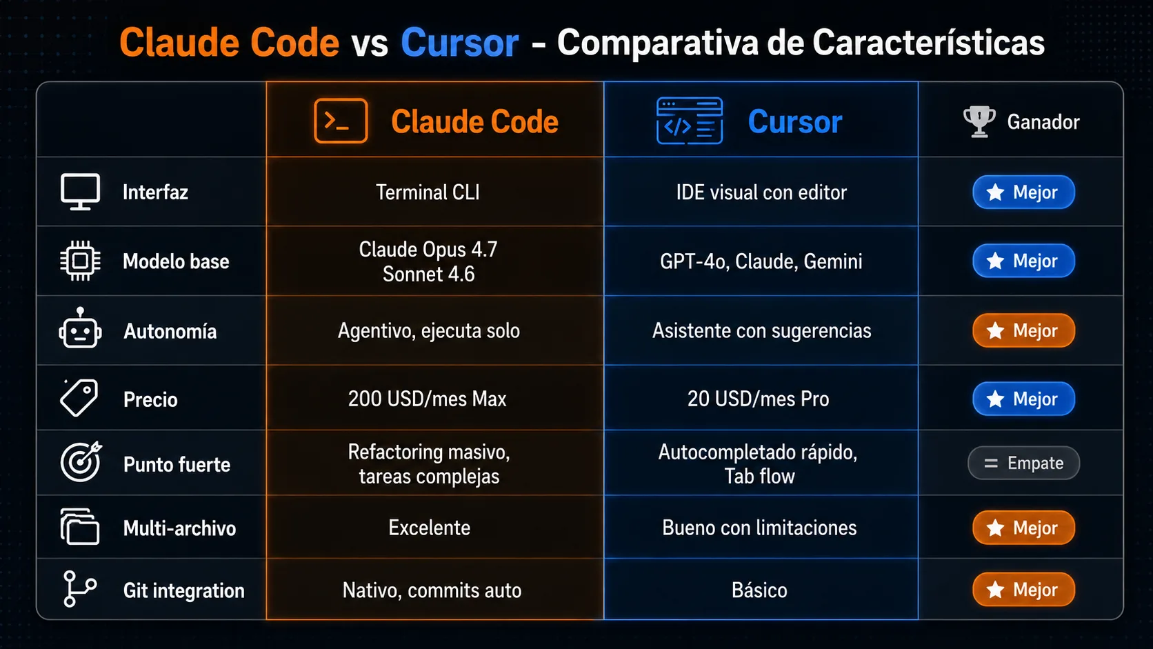 Comparativa de características Claude Code vs Cursor: interfaz, modelos, autonomía y precio