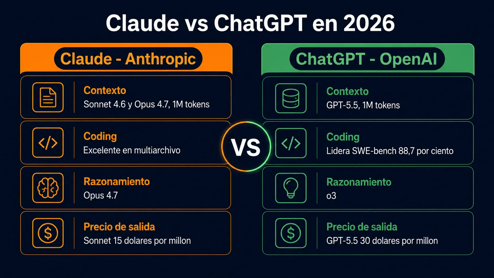 Infografía comparativa Claude (Sonnet 4.6, Opus 4.7) vs ChatGPT (GPT-5.5): rendimiento, precios y casos de uso