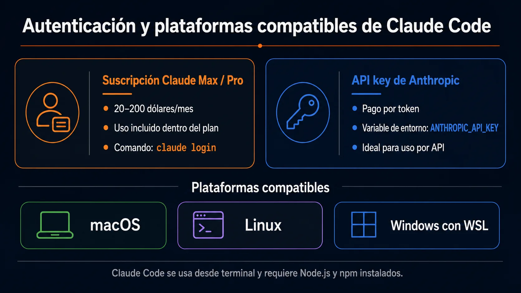 Opciones de autenticación de Claude Code: suscripción Claude Max/Pro o API key, y plataformas soportadas