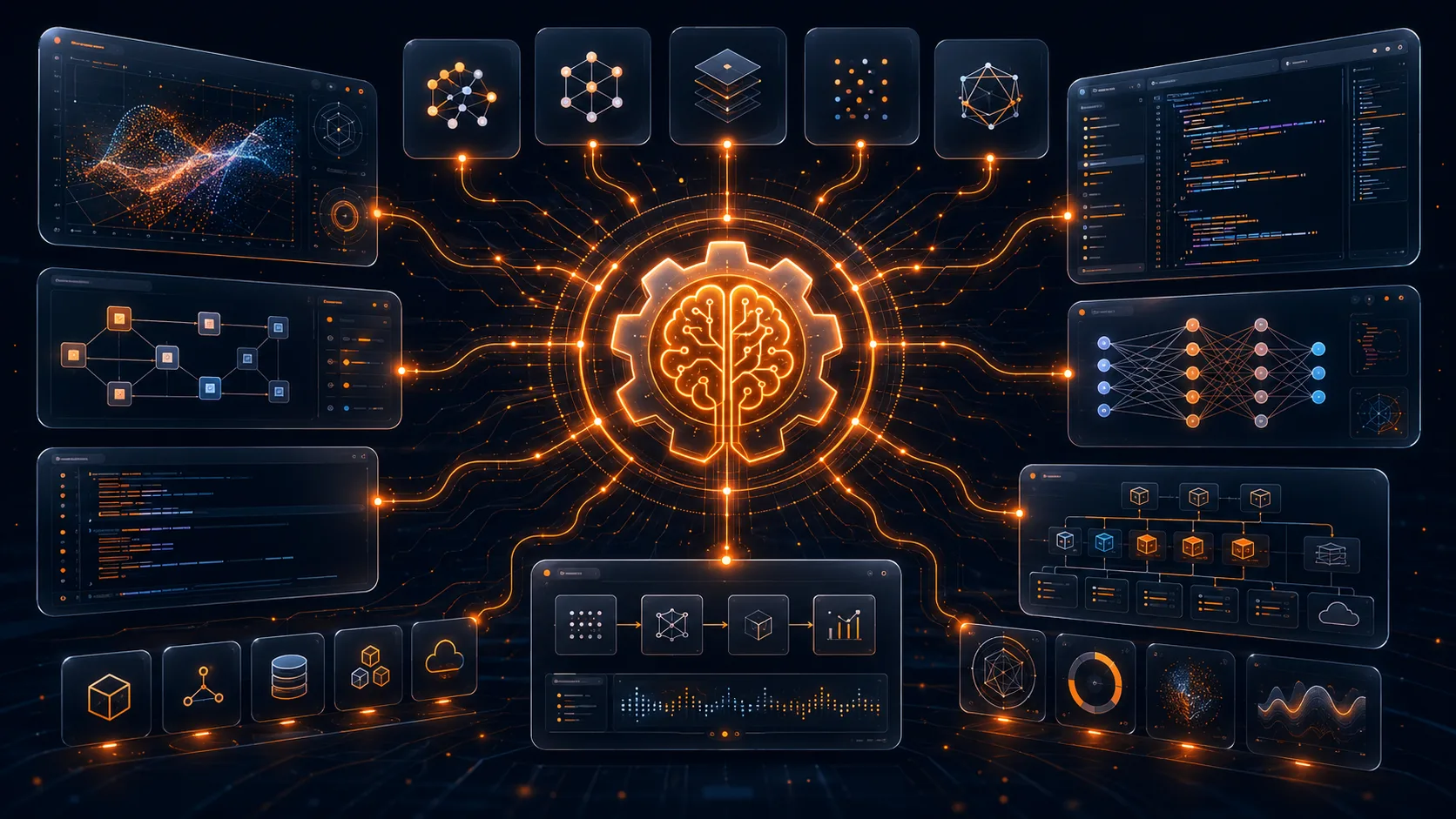 Panel central de inteligencia artificial con cerebro conectado a editores de código, terminales y diagramas de flujo de trabajo