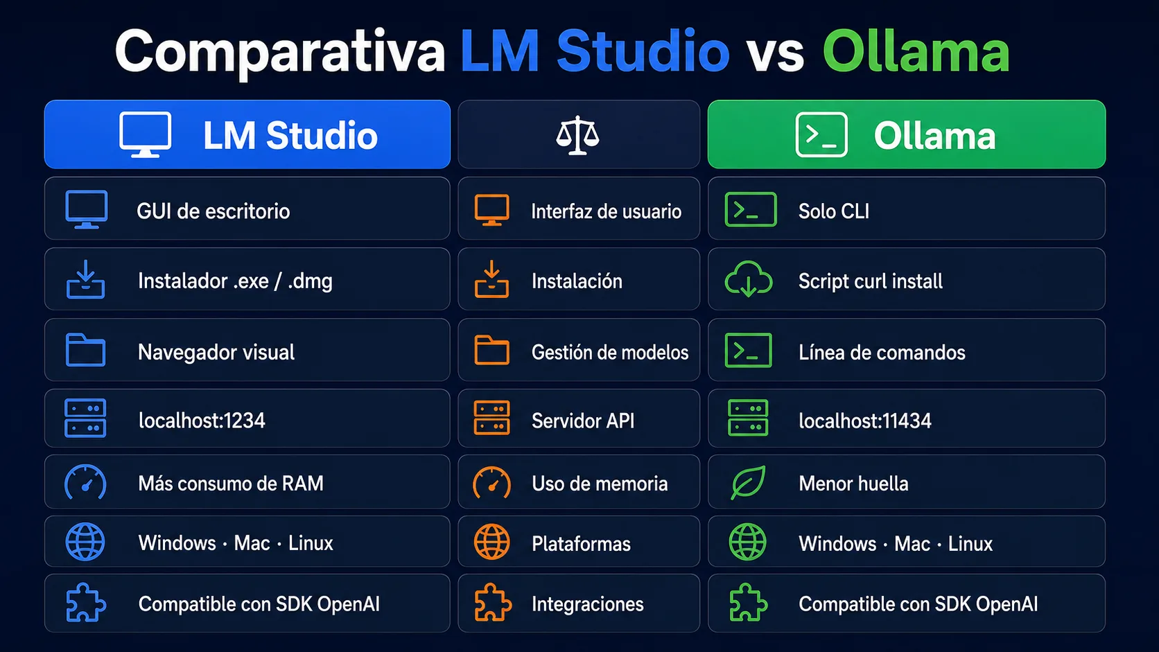 Comparativa de características entre LM Studio y Ollama