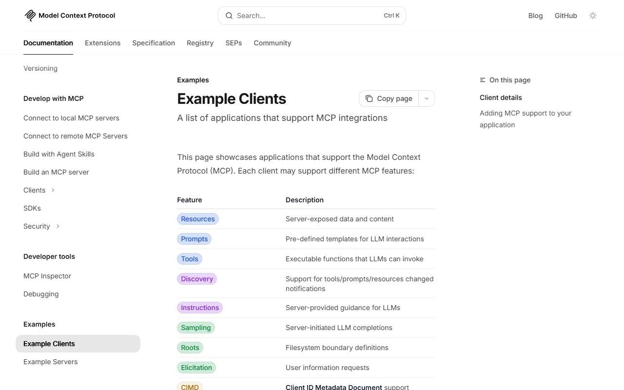 Página de clientes MCP en modelcontextprotocol.io/clients mostrando lista de clientes compatibles