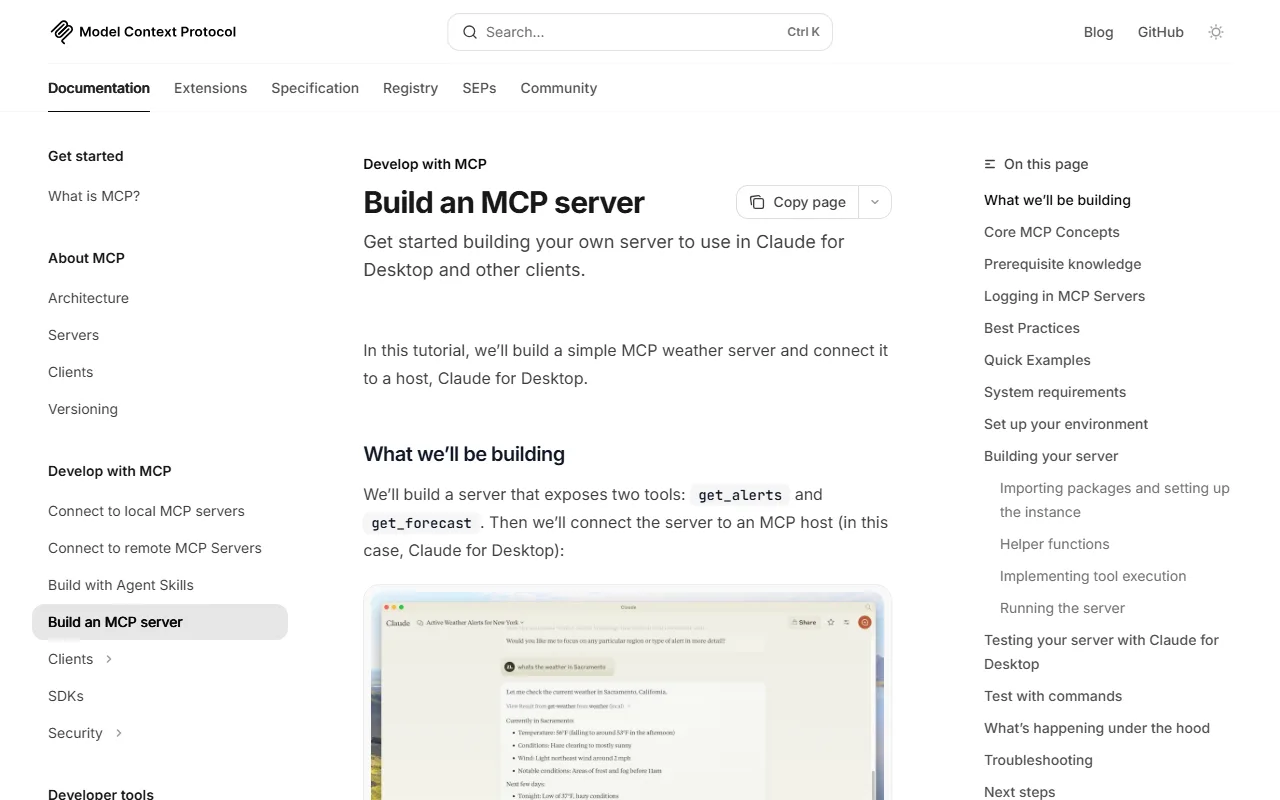 Documentación oficial de MCP en modelcontextprotocol.io/docs/develop/build-server