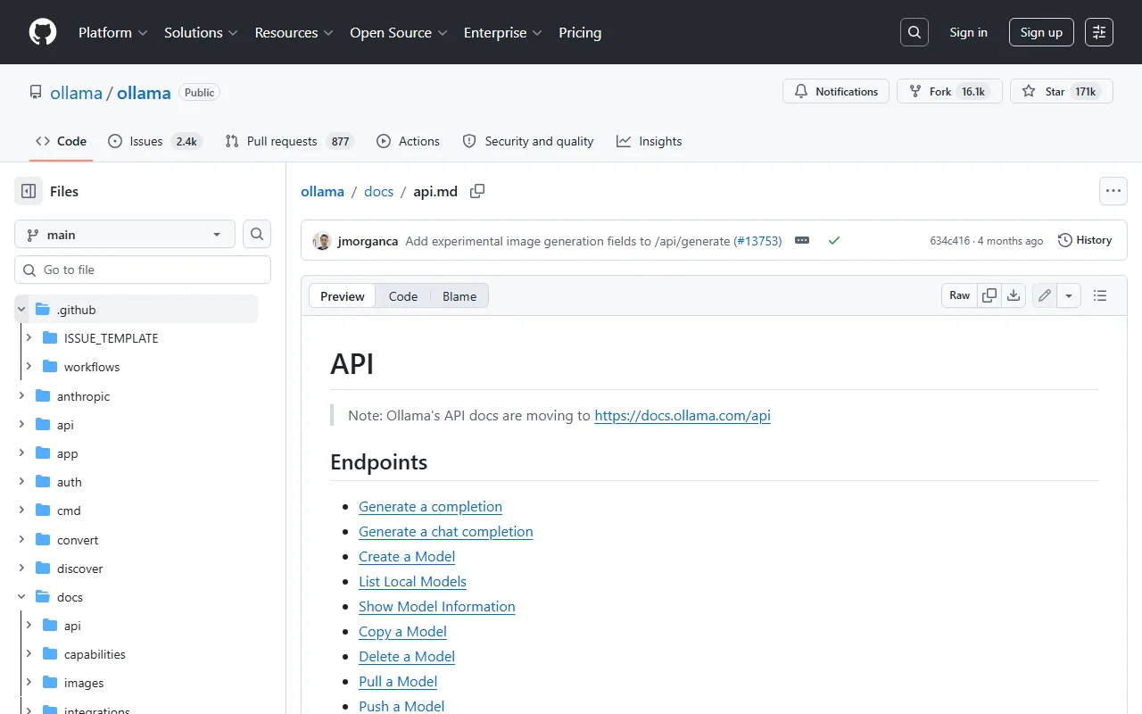 Captura de pantalla de la documentación oficial de la API REST de Ollama en GitHub