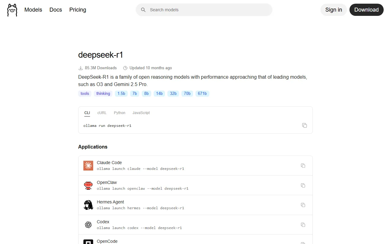 Captura de la página de DeepSeek-R1 en la librería de Ollama mostrando variantes y tamaños