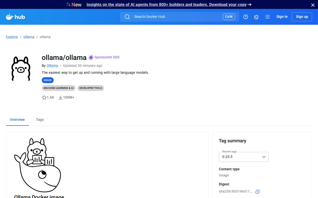Captura de pantalla de la página de Ollama en Docker Hub