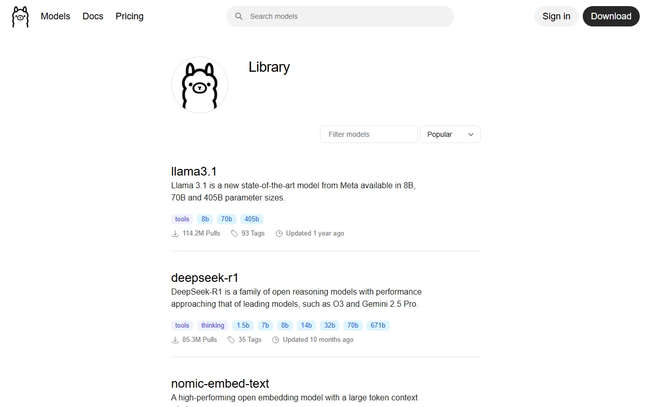 Captura de pantalla de la librería de modelos de Ollama