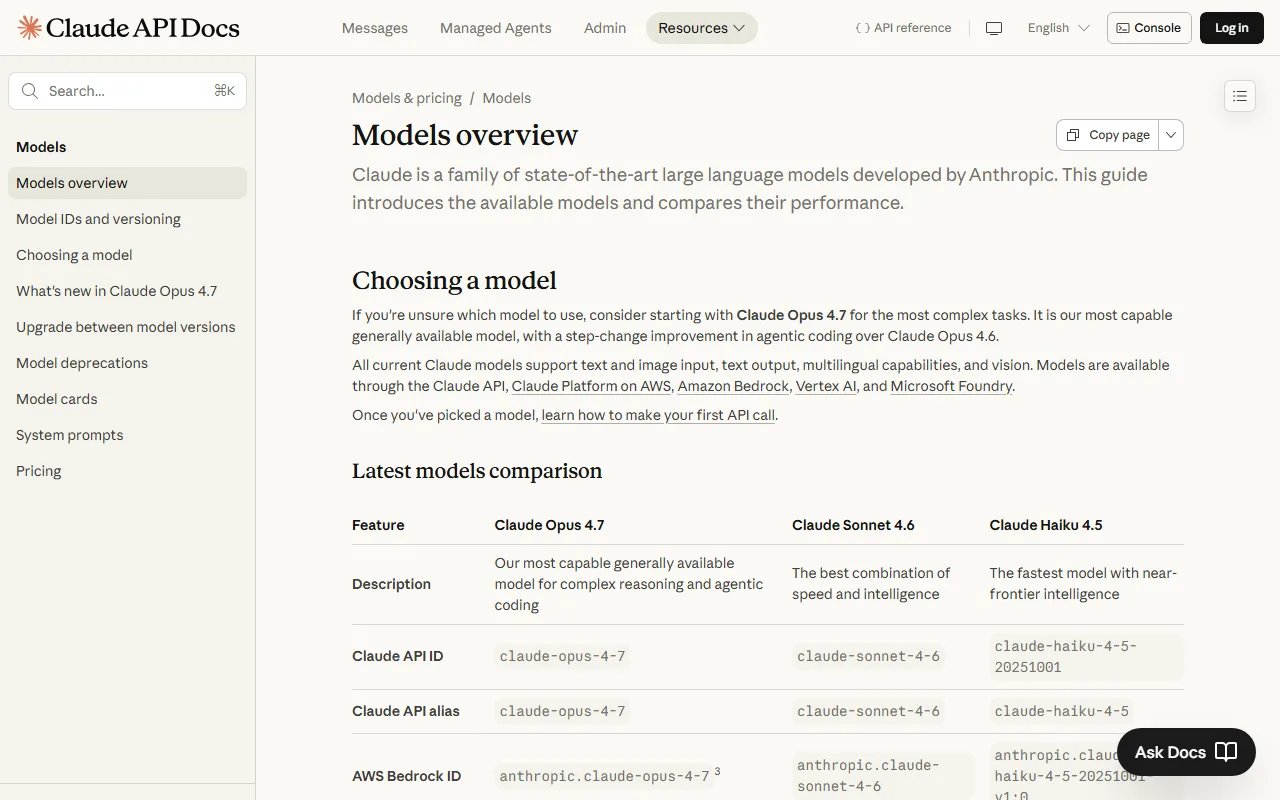 Documentación de modelos de Claude en Anthropic Docs