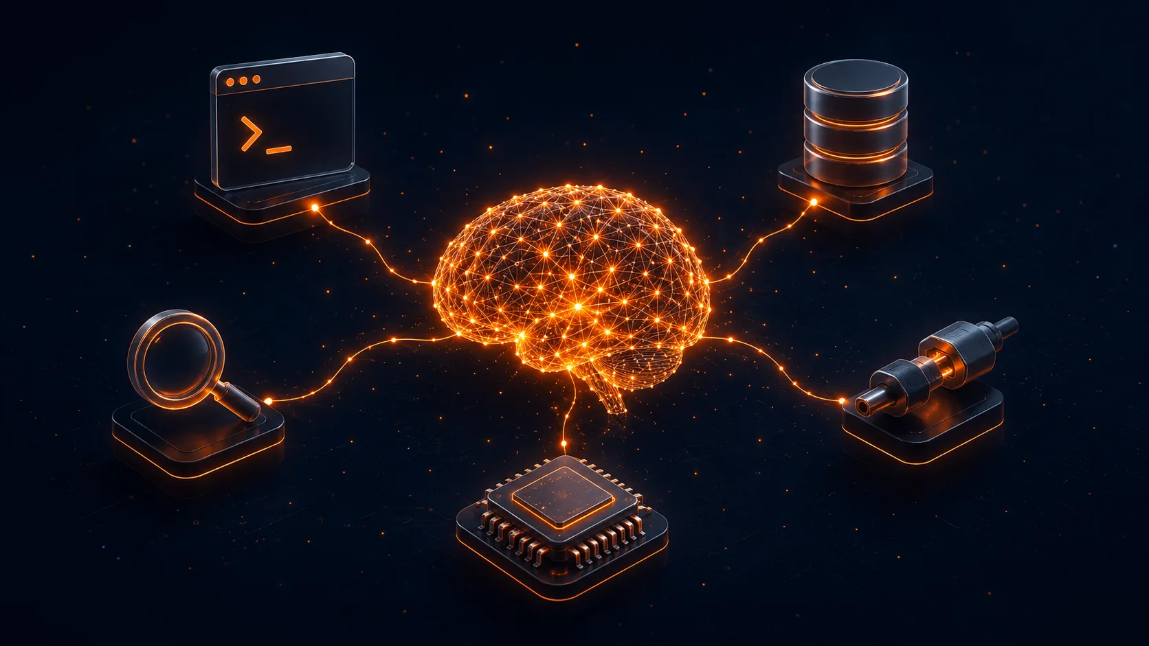 Diagrama de los componentes de un agente IA: cerebro LLM central conectado a terminal de código, base de datos, lupa de busqueda, procesador y herramientas