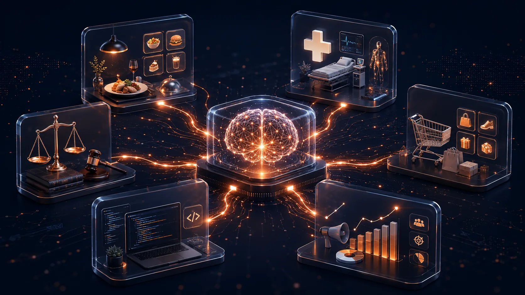 Agente de inteligencia artificial conectado a múltiples sectores empresariales: tecnología, datos, busqueda y automatización